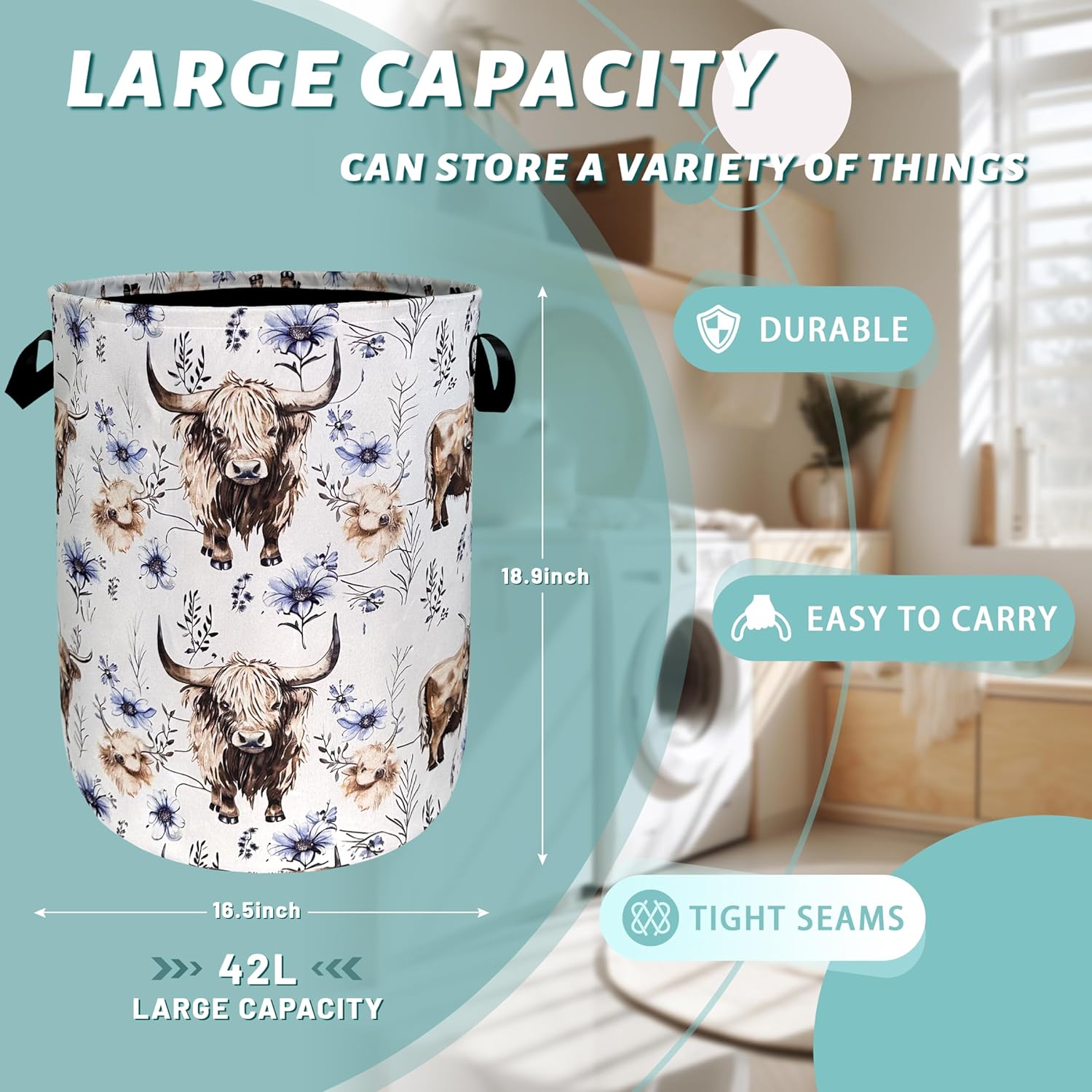 Watercolor Highland Cow Laundry Hamper With Handles Foldable Oxford Cloth Purple Flower Tote Bag Cows Laundry Basket Clothes Toy Storage Bucket 18.9" x 16.5"For Bathroom/Laundry/Bedroom