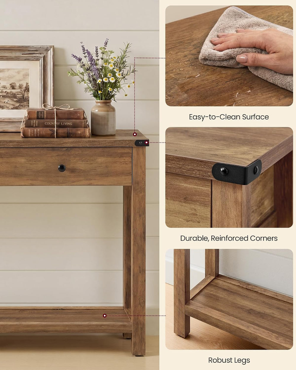 VASAGLE LIRY Collection Narrow Console Table with 3 Drawers, Brown | Long Sof...