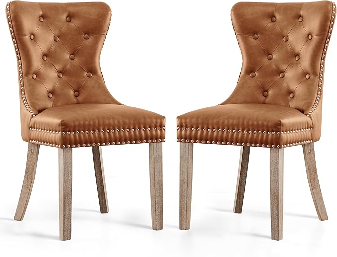 SyMax Dining Chairs Set of 2, Faux Leather Parson Dining Room Chairs, High-End Tufted Kitchen Side Chairs for Bedroom, Living Room, Brown