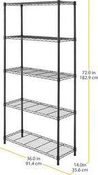Whitmor 5 Tier Shelving Unit, Metal Storage Shelves, 400 lbs Capacity per Shelf, 2000 lbs Total, Adjustable Heavy Duty Shelf, Easy Assembly for Kitchen, Garage, Plant, 36" L x 14" W x 72" H, Black