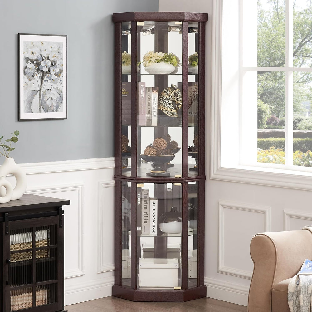 69" H Lighted Corner Curio Cabinet Display Case With Adjustable Shelves,...