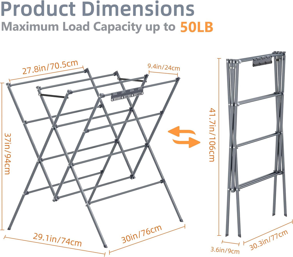 HOMIDEC Drying Rack Clothing,Large 12 Drying Poles with Sock Clips Clothes Drying Rack,Foldable Portable Laundry Drying Rack for Air Drying Clothing,Towels,Delicate Eac,Indoor Outdoor Use.Silver