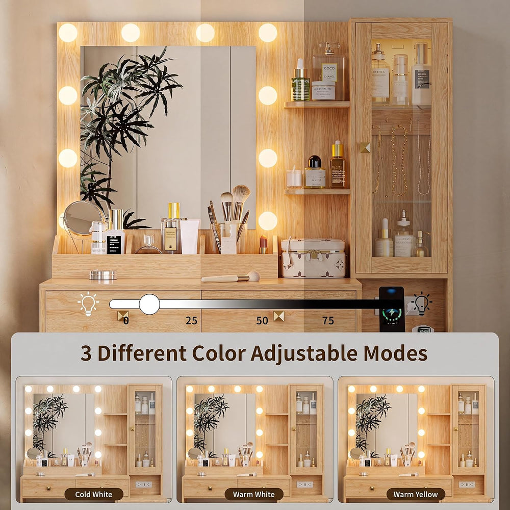HUANLEGO Vanity Desk with Mirror and Lights & LED Glass Cabinet, Oak | Ma...