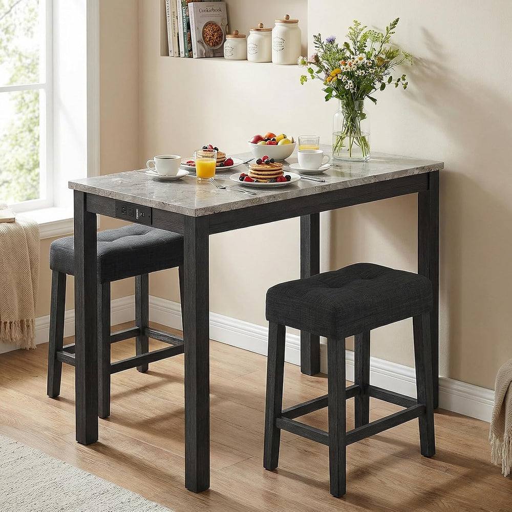 COSTWAY 3-Piece Wooden Bar Table Set with Charging Station | Modern Counter H...