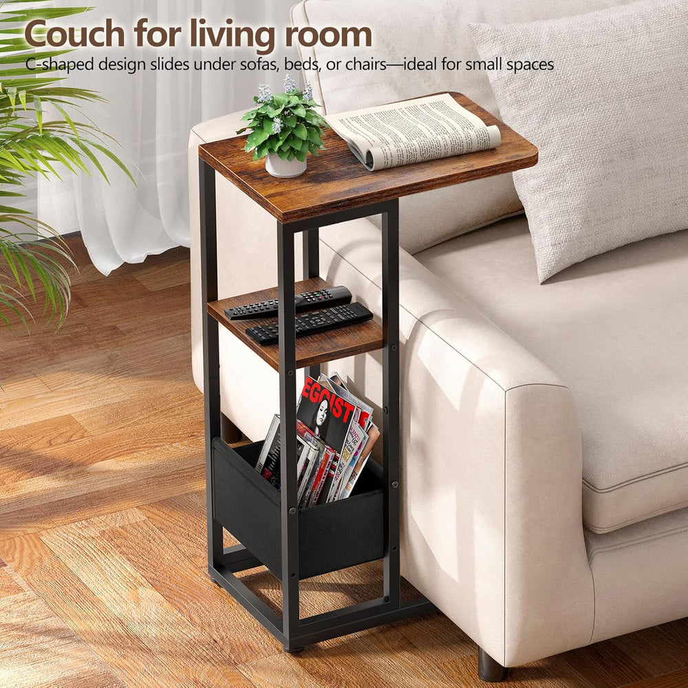 C Shaped End Table, Small Side Table for Couch, Recliner, Slide Under Sofa Tr...