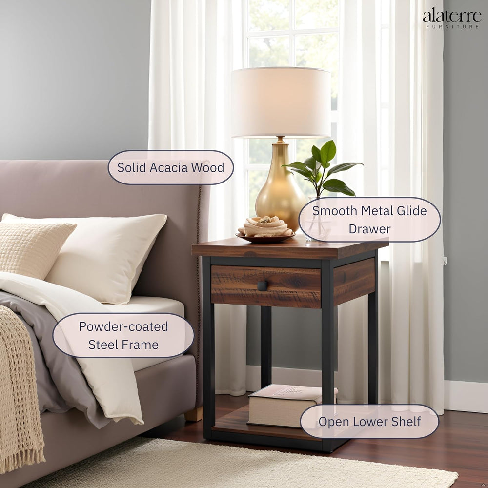 Claremont Rustic Solid Wood End Table with Drawer and Shelf – Farmhouse Accen...