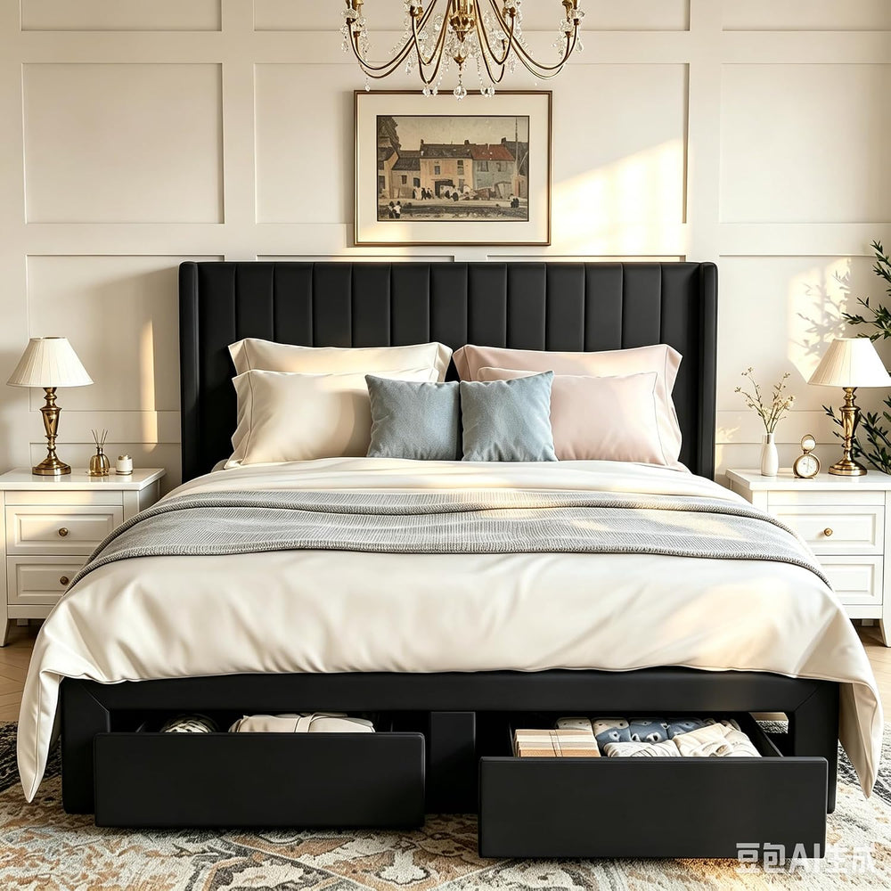Takywep Upholstered Platform Bed with Wingback Headboard and 2 Drawer, King