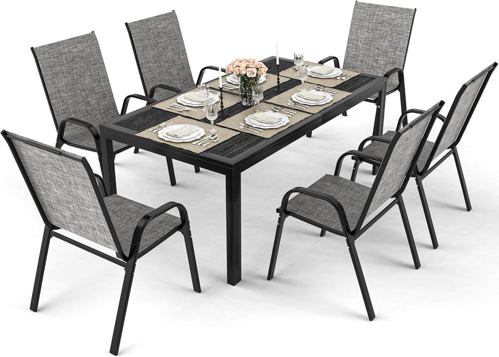 Pamapic Outdoor Dining Sets for 6, Rectangular Steel Slat Table with 6 Textil...
