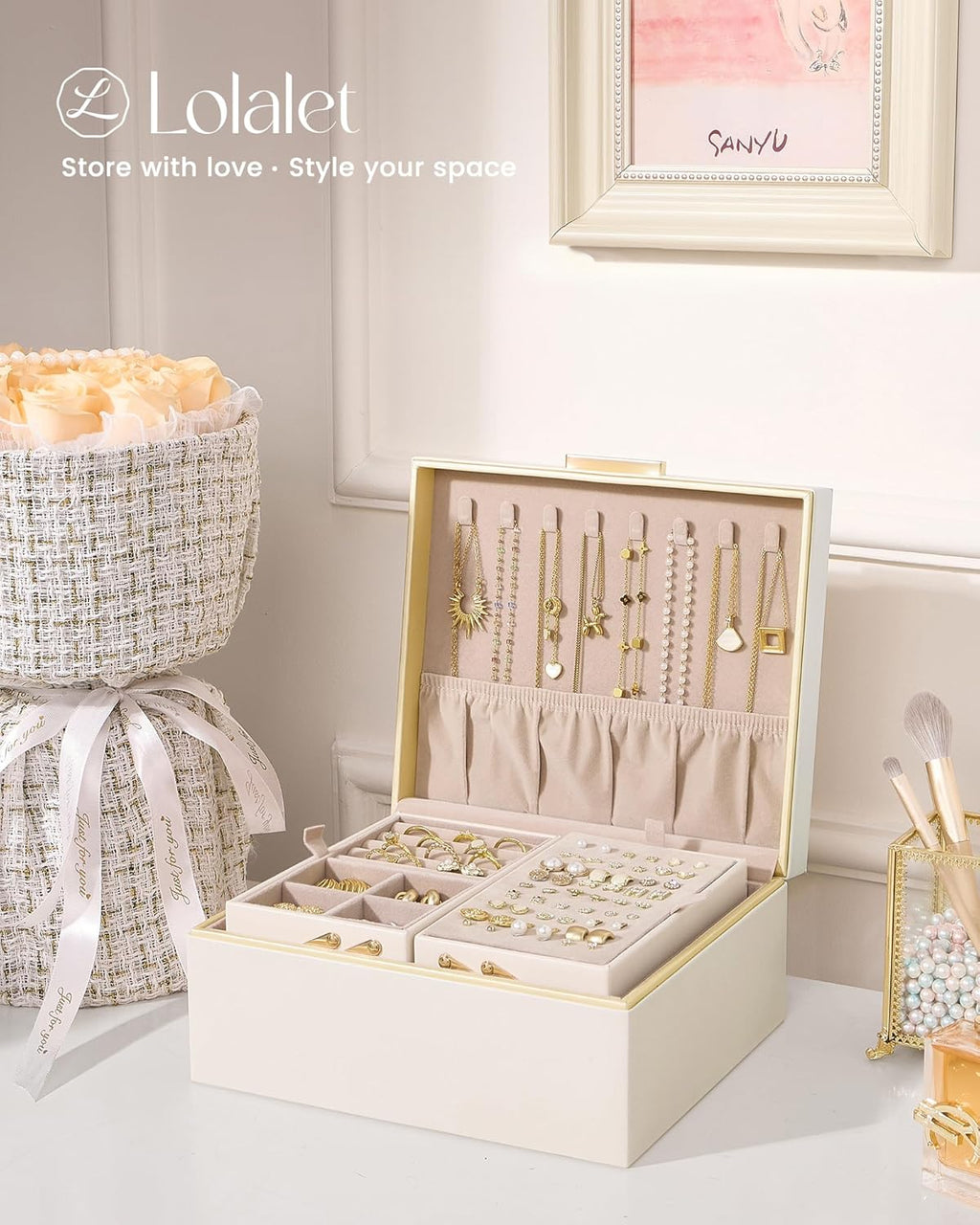Lolalet Jewelry Box for Women Girls, 2 Layer Jewelry Organizer -Cream | Jewellery Storage Case, Necklace Earrings Rings Bracelets Holder, Cnristmas Birthday Gifts for Mom Teen Girls Daughter