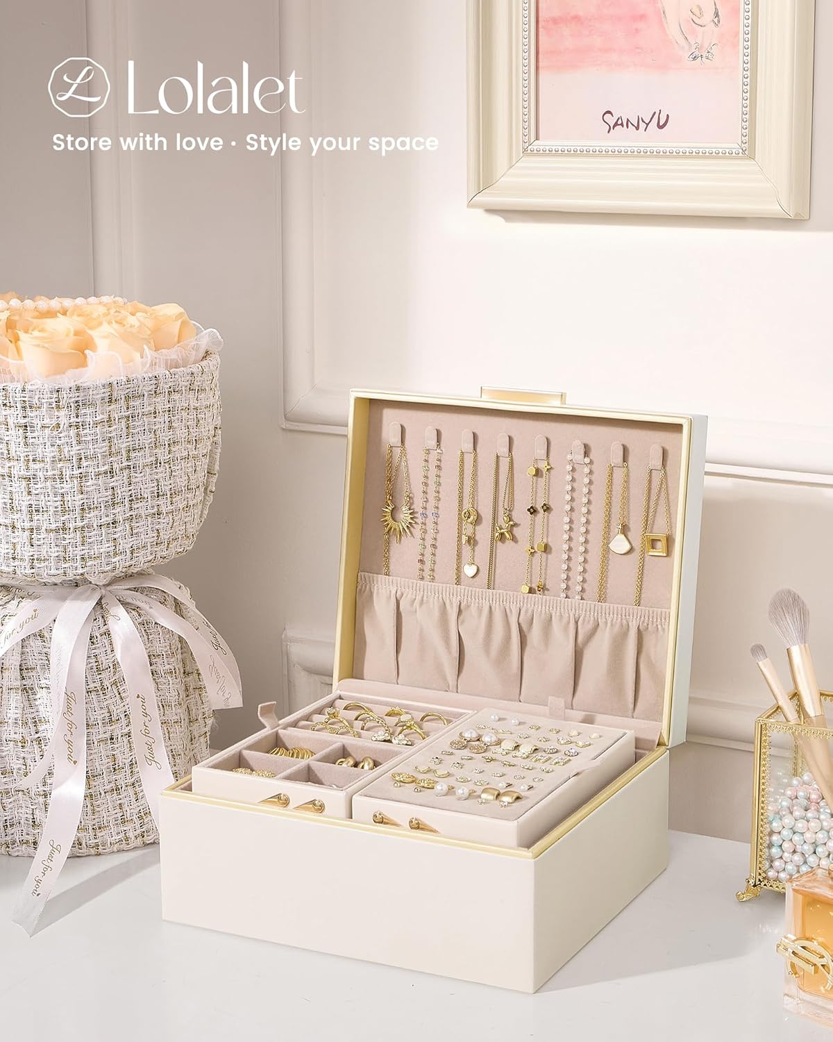 Lolalet Jewelry Box for Women Girls, 2 Layer Jewelry Organizer -Cream | Jewellery Storage Case, Necklace Earrings Rings Bracelets Holder, Cnristmas Birthday Gifts for Mom Teen Girls Daughter