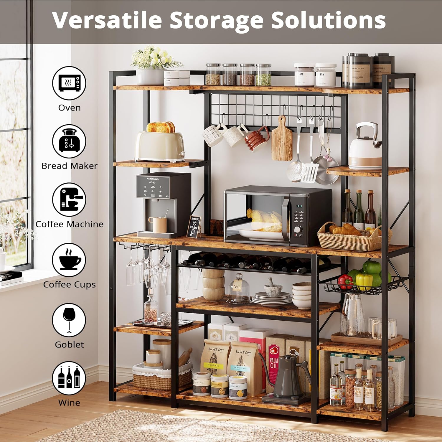 IRONCK 62.4-Inch Bakers Rack with Power Outlets and Wine Storage | 62.4-inch wide bakers rack combines 5 shelves, 3 AC outlets, a wine rack, basket, and S-hooks.