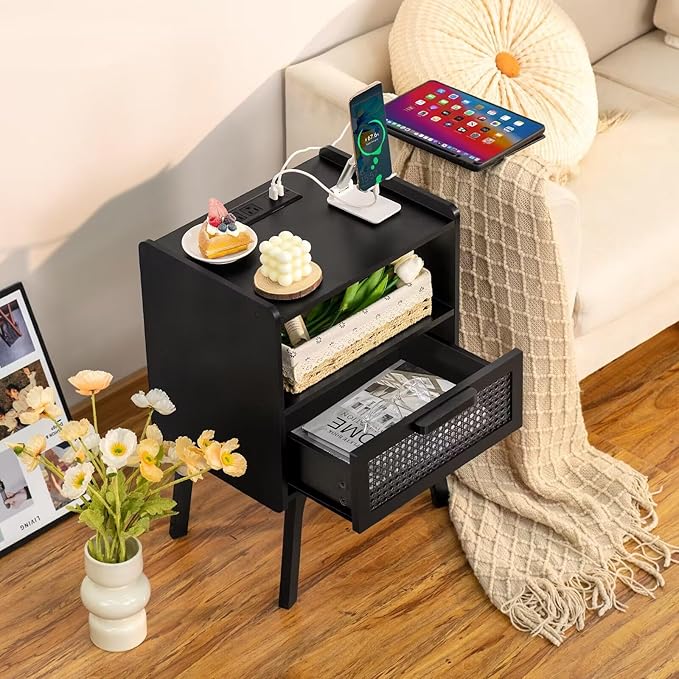 Lerliuo Rattan Nightstands Set of 2 with Charging Station, Boho Side Table wi...