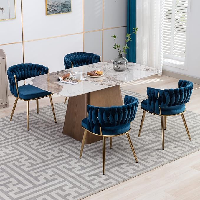 KCC Modern Velvet Dining Chairs Set of 6, Upholstered Living Room Chair with Woven Back and Golden Metal Legs, Mid-Century Accent Side Chair for Dining Room, Kitchen, Blue