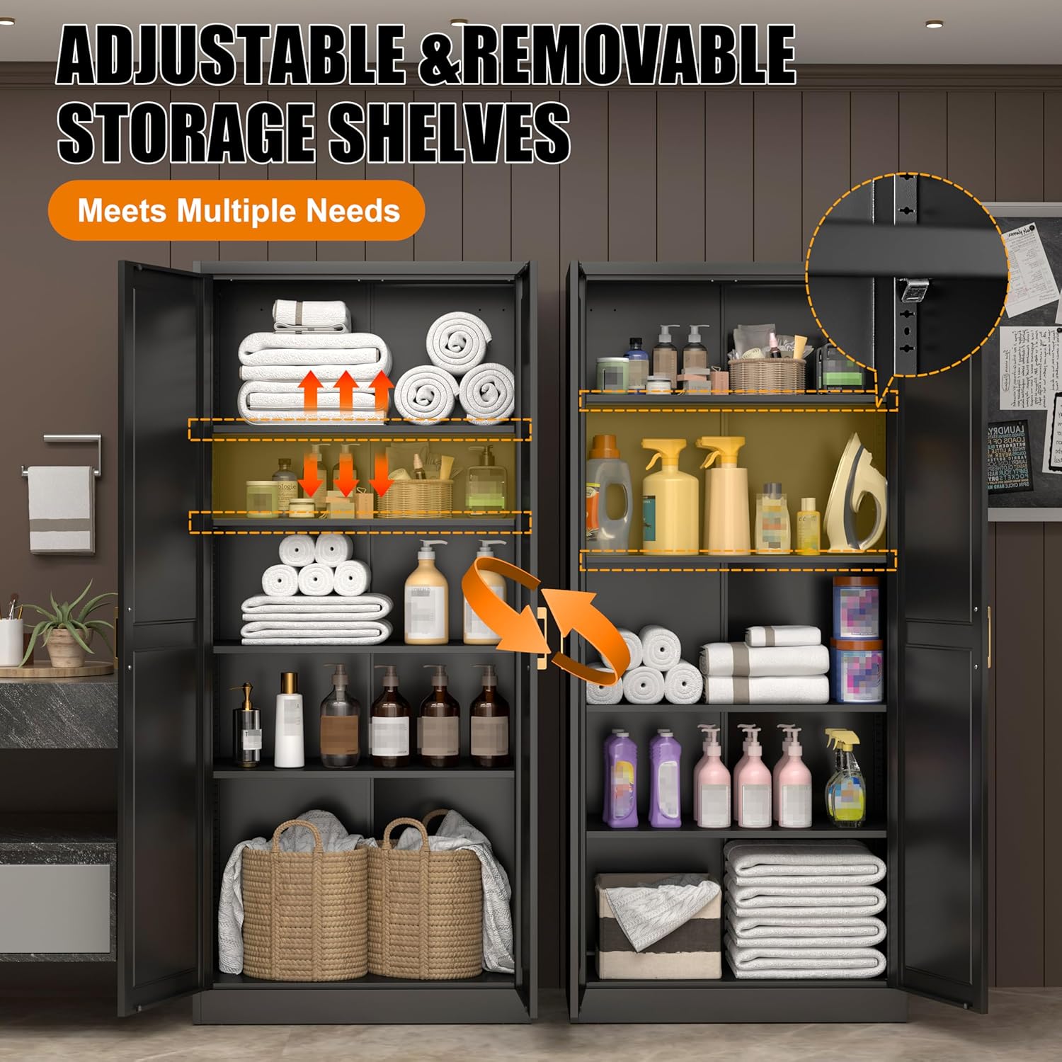 71" Tall Kitchen Storage Cabinet with Gold Handles, Metal Pantry Cabinets with 2 Doors, Food Pantry, Adjustable Shelves, Black Freestanding Pantry Cupboard for Dining, Kitchen, Living Room