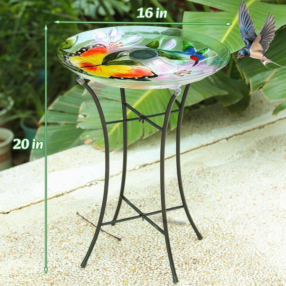 MUMTOP Outdoor Glass Bird Bath Solar Birdbath with Metal Stand Garden Decor