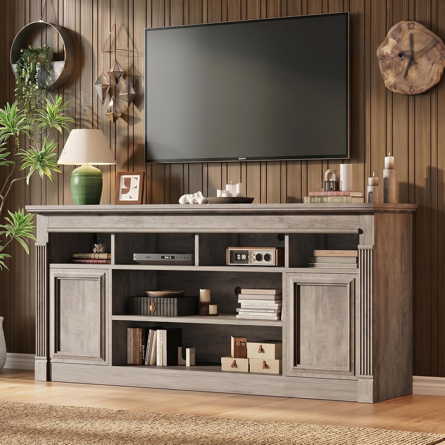 GAOMON TV Stand for TVs Up to 75 Inches, Grey | Entertainment Center, Farmhouse Media TV Console Table, Open Storage Shelves, Cabinets, for Living Room, Bedroom
