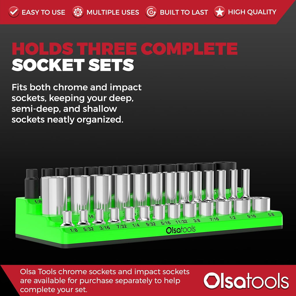 Olsa Tools Magnetic Socket Organizer - 1/4-Inch Drive, 3 Row - Holds 39 SAE Green Sockets - Professional Grade, Part: 1548