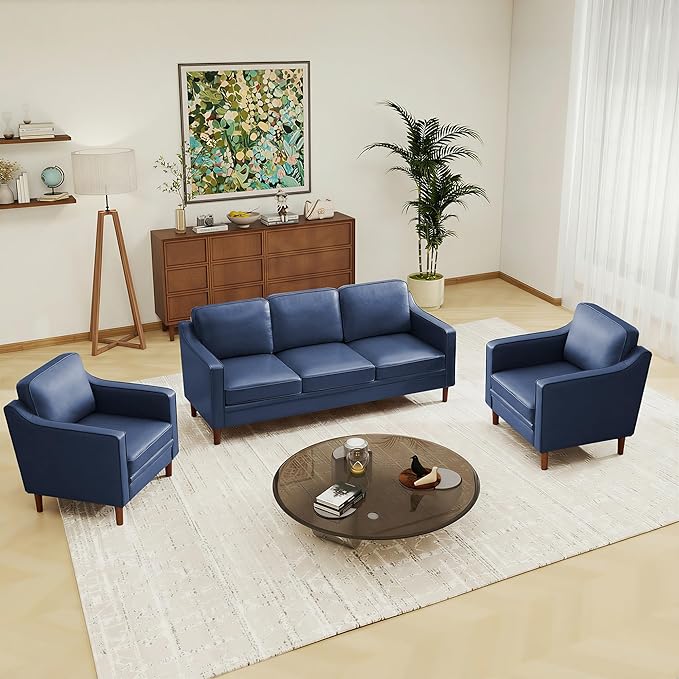 Kingfun Living Room Furniture Sets, 3 Seater Couch and Loveseat, Mid Century Modern Sofa Set, Faux Leather Couch with Solid Wood Frame for Living Room & Bedroom, Blue