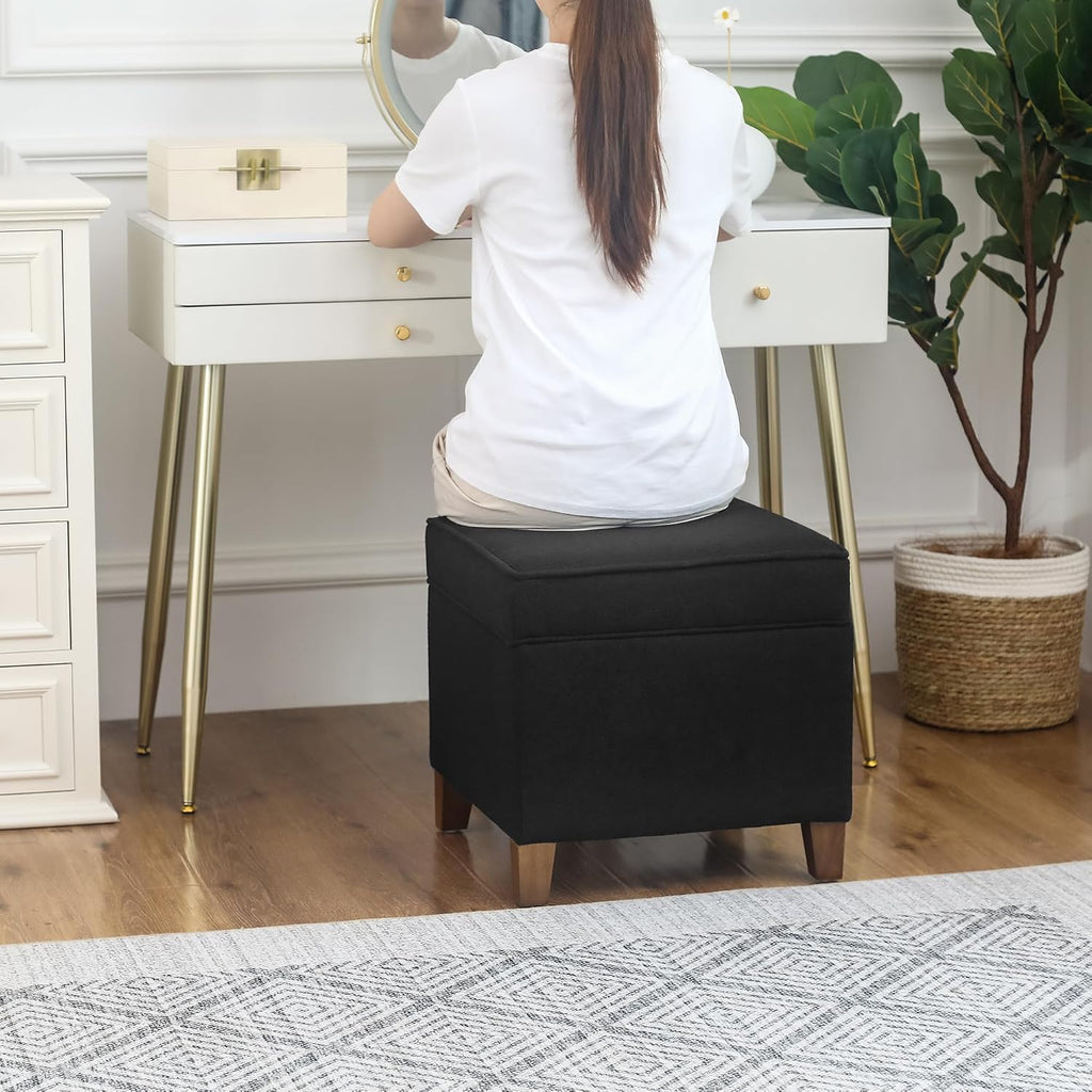 Lienen Ottoman with Storage, 17" Fabric Foot Stools Ottoman for Living Room, Upholstered Square Storage Ottomans Foot Rest, Bedroom Footstools and Ottomans with Hinged Lid, Black