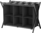 Huhote Luggage Rack for Guest Room, Folding Suitcase Stand with 6-Cube Fabric Storage Shelf, Luggage Holder, Steel Foldable Luggage Stand for Guest Room, Bedroom, Hotel, Black
