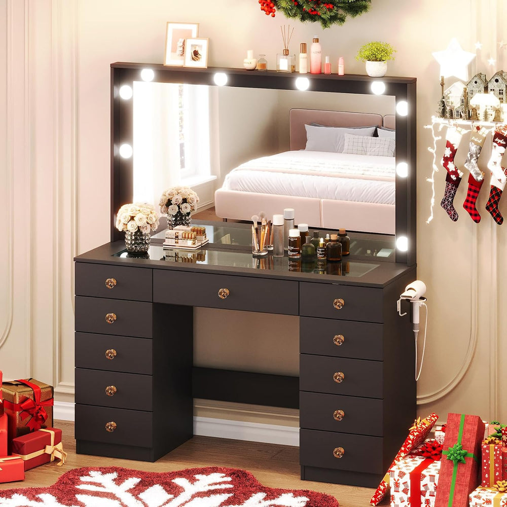 Vanity with Large Mirror and 10 LED Lights, Vanity Desk with Glasss Top, Make...