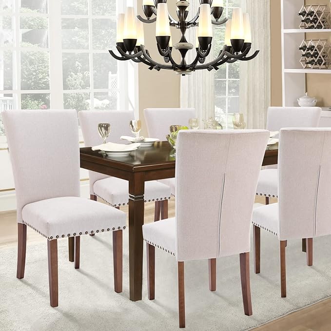 Parsons Dining Chairs Set of 2, Upholstered Nailhead Dining Room Kitchen Side Chair with Thick Cushions and Wood Legs, Beige