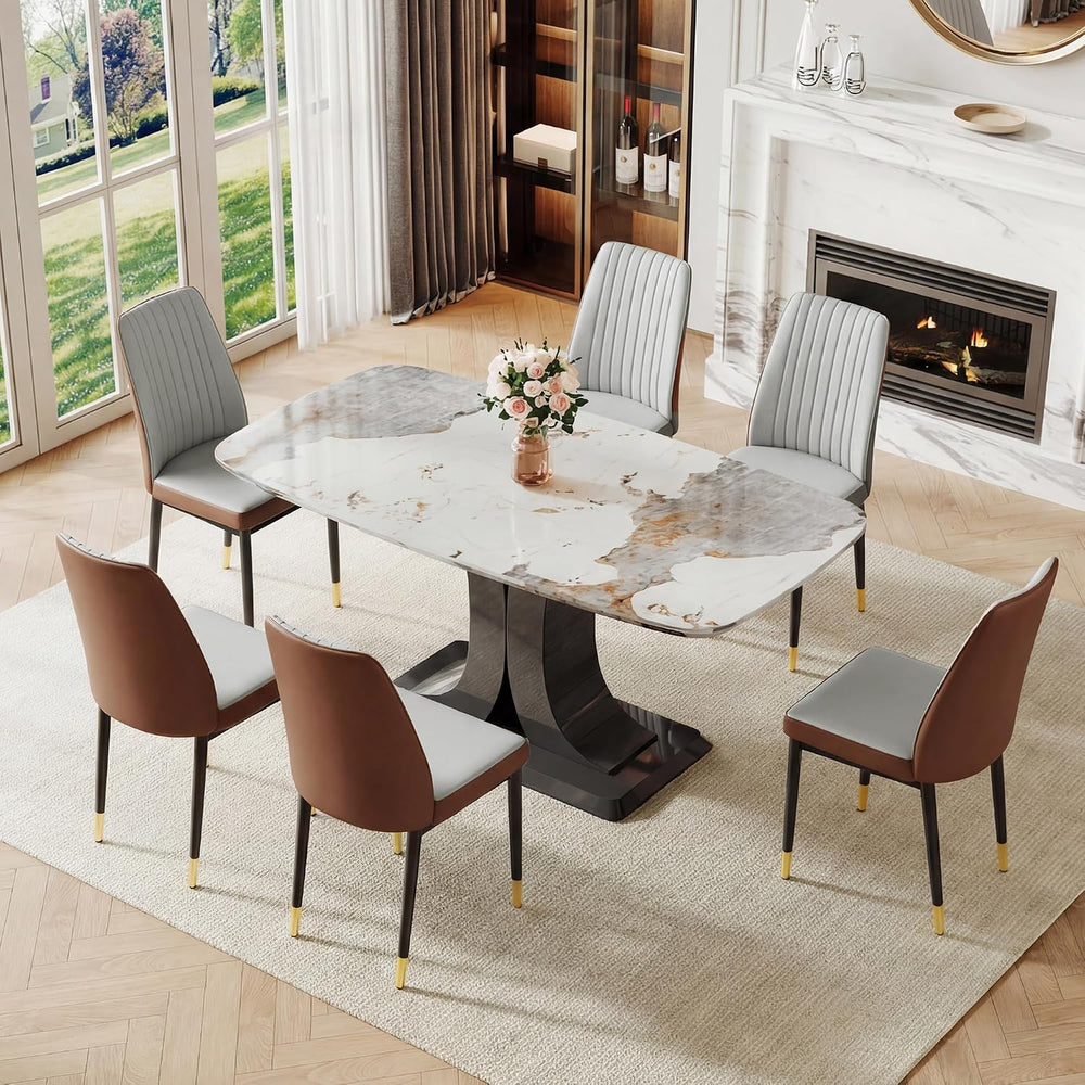 Modern Dining Table Set for 6, Marble Kitchen Table Chair Set for 6, Rectangu...