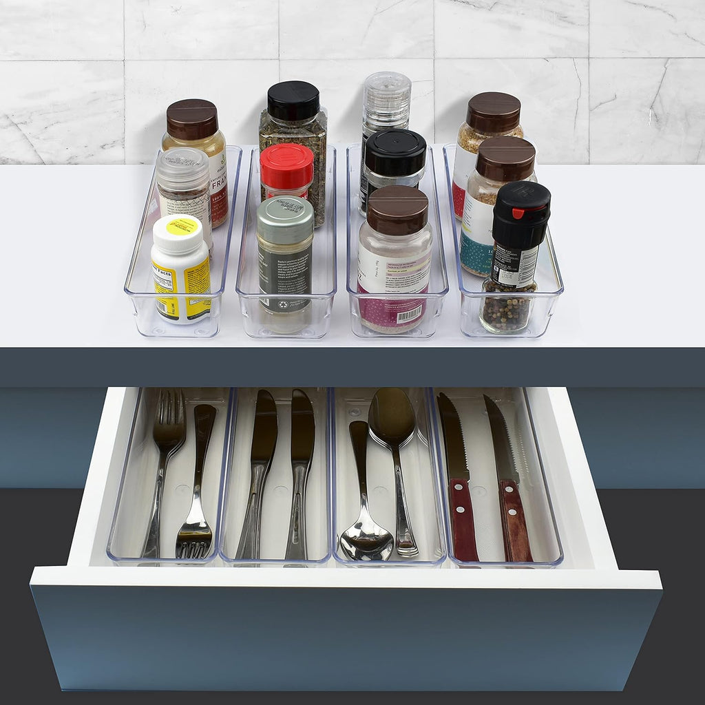 Acrimet Drawer Organizer Modular, Box Tray Storage Bins for Office, Home, Makeup, Kitchen, Junk Drawer ( 4 Pieces) (Clear Crystal Plastic)