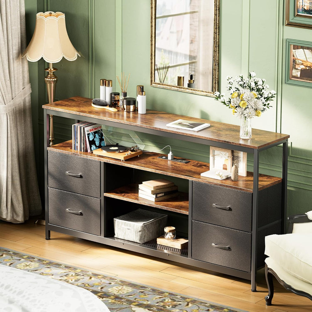 Huuger TV Stand Dresser with Power Outlets and LED Lights, 4 Drawers Entertai...