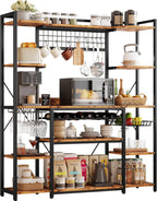 IRONCK 62.4-Inch Bakers Rack with Power Outlets and Wine Storage | 62.4-inch wide bakers rack combines 5 shelves, 3 AC outlets, a wine rack, basket, and S-hooks.