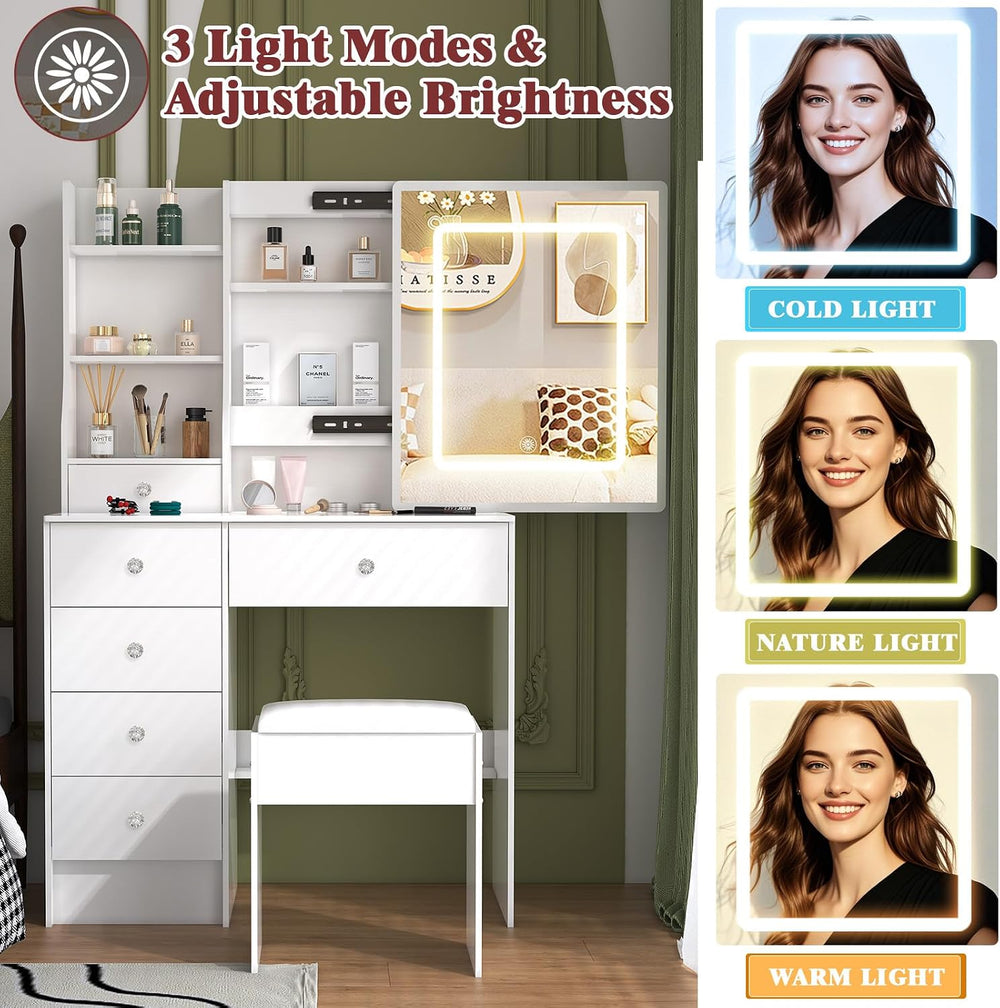Umeiga Small Vanity Desk with Mirror and Lights, 32" Makeup Vanity Table...