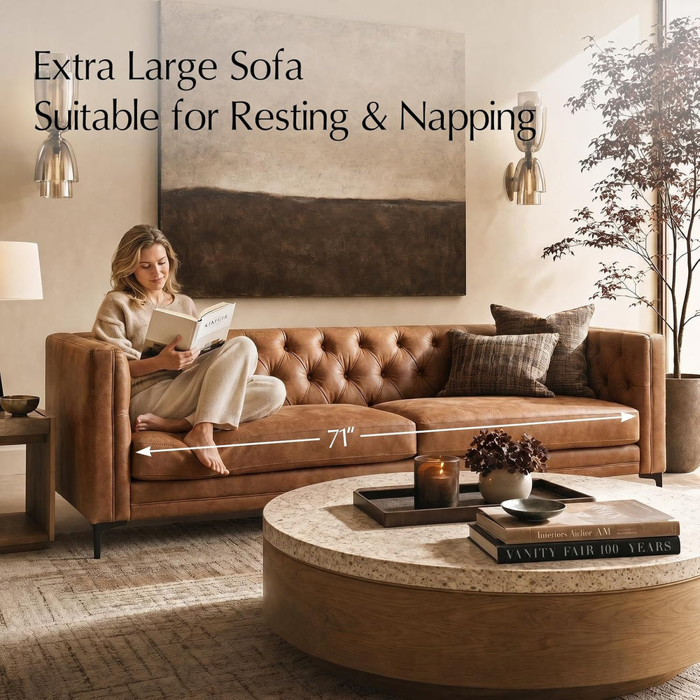 HULALA HOME 84" Faux Leather Sofa, Mid Century Modern 3 Seater Couch, Ca...