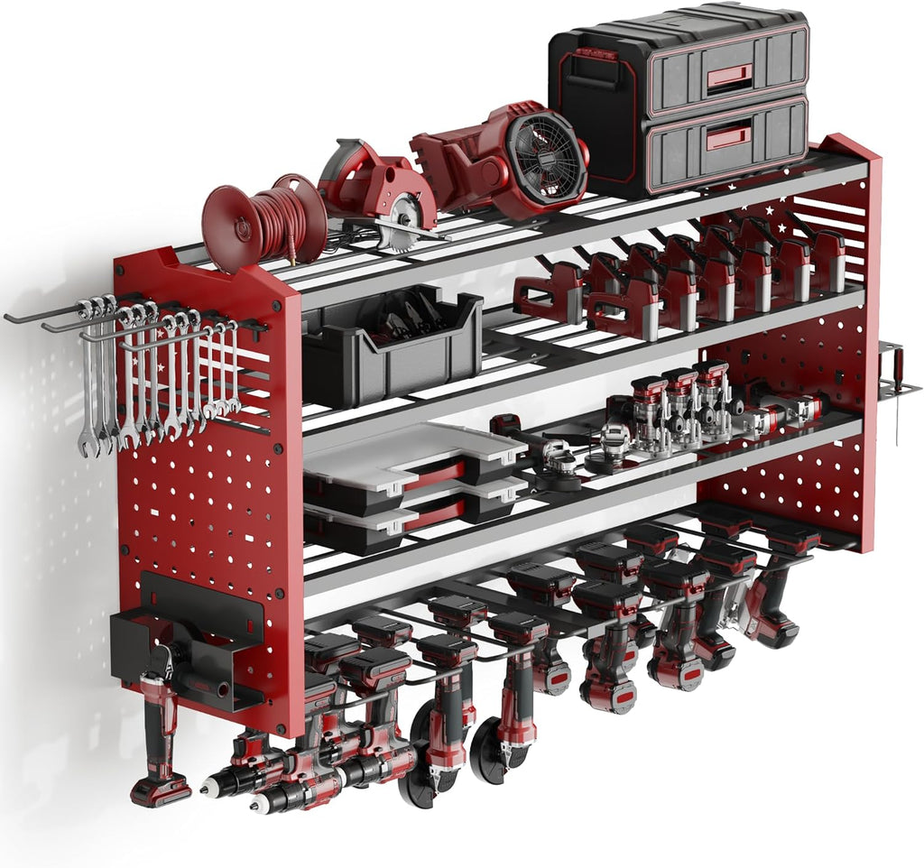 Tomorotec 4-Layer Wall-Mounted Power Tool Storage Rack, Heavy-Duty Steel Drill Organizer with Adjustable Shelves & Side Hooks for Toolbox, Easy Installation Garage & Workshop Storage (Red)
