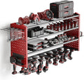 Tomorotec 4-Layer Wall-Mounted Power Tool Storage Rack, Heavy-Duty Steel Drill Organizer with Adjustable Shelves & Side Hooks for Toolbox, Easy Installation Garage & Workshop Storage (Red)