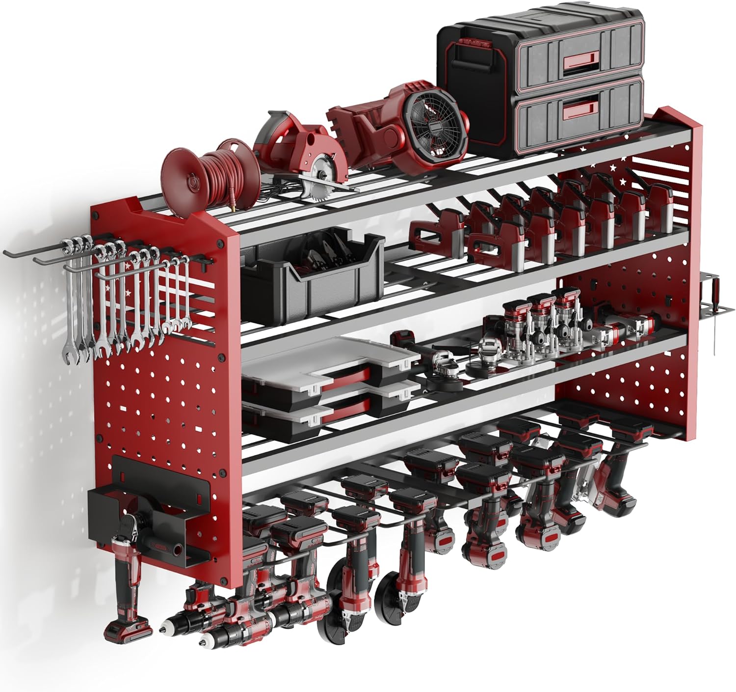 Tomorotec 4-Layer Wall-Mounted Power Tool Storage Rack, Heavy-Duty Steel Drill Organizer with Adjustable Shelves & Side Hooks for Toolbox, Easy Installation Garage & Workshop Storage (Red)