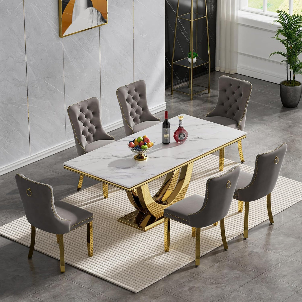 Modern Marble Dining Table Set for 6, White Dining Set with 68" Faux Mar...