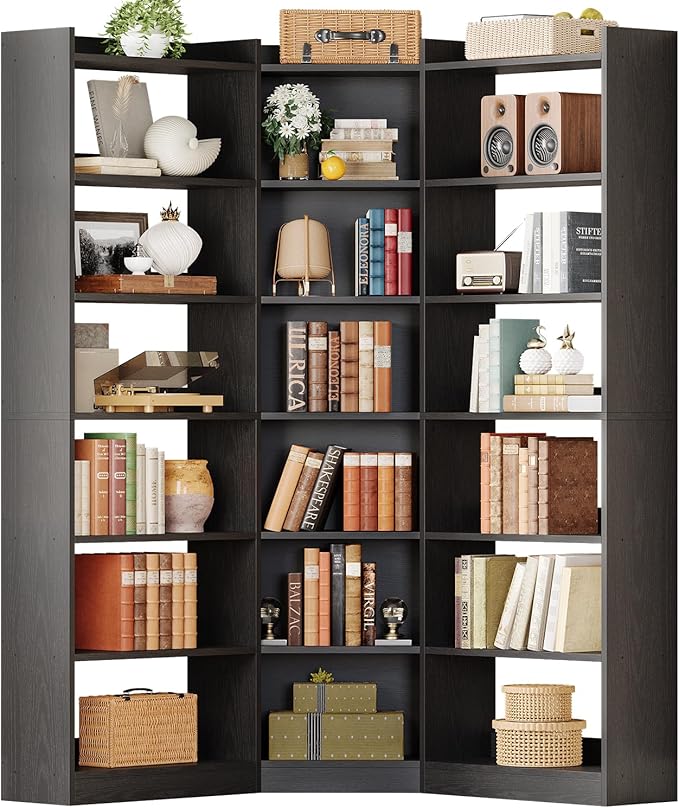 IRONCK Corner Bookshelf, 7-Tier Bookshelf with Storage, Corner Bookcases with Baffles Etagere Shelf for Living Room Home Office Bedroom, Black