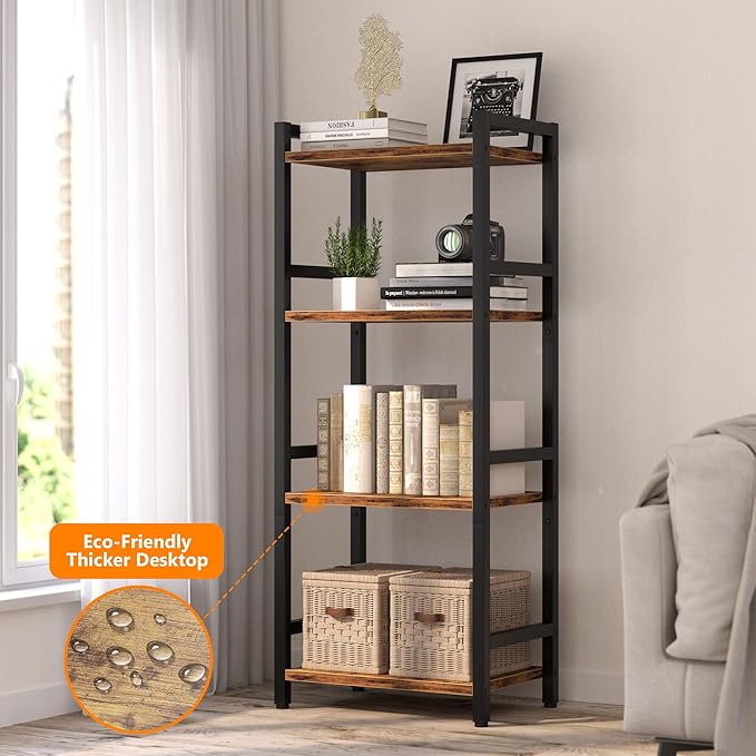 Book Shelf, 4 Tier Bookcase with Steel Frame, Stable Bookshelf Narrow Book Shelves Storage Organizer for Book CD Movie, Open Bookshelves for Living Room, Home Office, Study, Rustic Brown