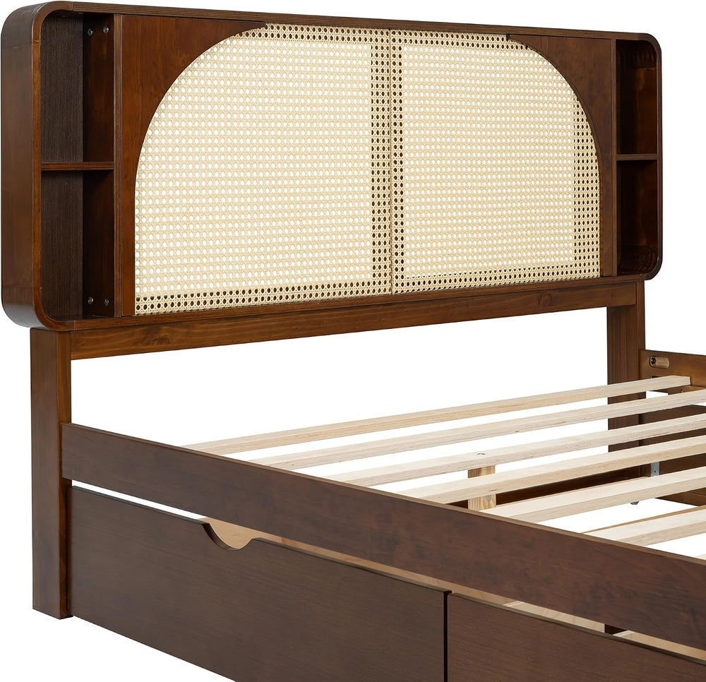 SOFTSEA Queen Size Rattan Bed with Trundle and 2 Drawers, Elegant Traditional...