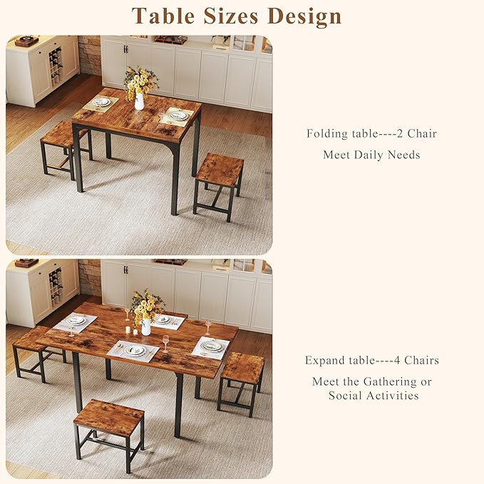 Dining Table Set for 4, Extendable Kitchen Table Chairs Set of 4, Rectangle D...