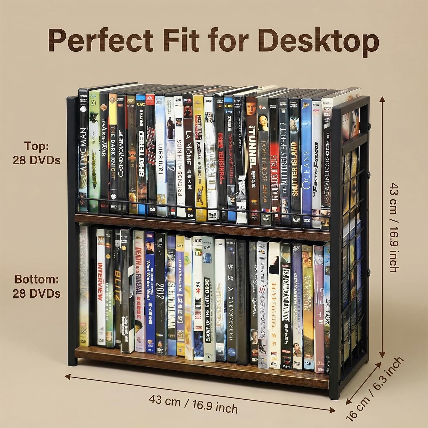 2-Tier DVD Storage Rack & CD Display Shelf, Holds 56 DVD Cases, Stackable Metal Media Organizer Tower for Blu Ray, Video Games, VHS Tapes