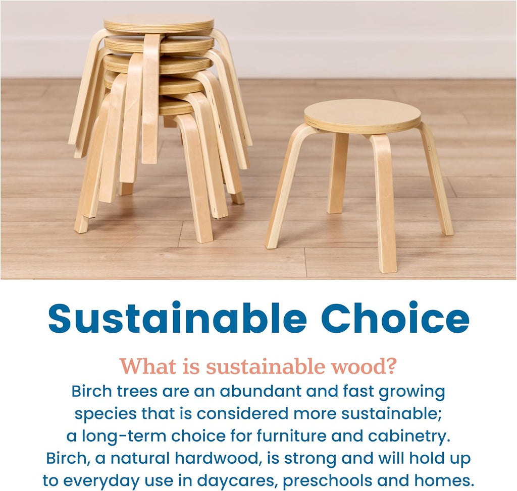 ECR4Kids Bentwood Stackable Stools, 12in Seat Height, Classroom Furniture, Natural, 6-Piece