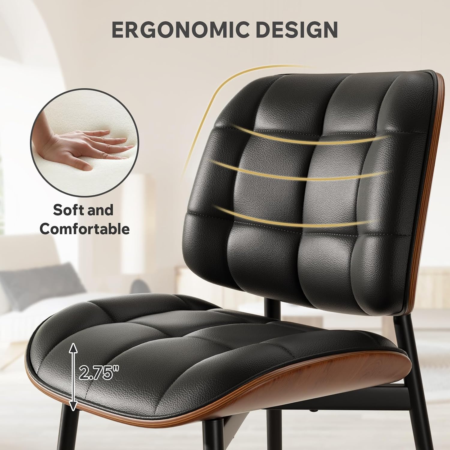 Dining Chairs Set of 2, Mid Century Modern Dining Room Chair, Upholstered Faux Leather Kitchen Chairs with Thick Cushion and Walnut Bentwood Back for Kitchen Dining Room, Black