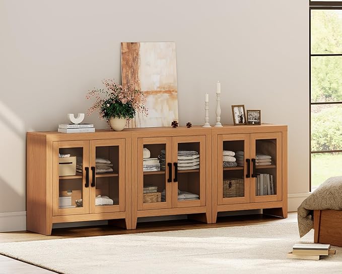 WAMPAT Farmhouse TV Stand for TVs up to 85”, Rustic Wood Entertainment Center with Adjustable Shelf, Glass Doors & Storage, Media Console Cabinet for Living-Room, Bedroom, Mocha