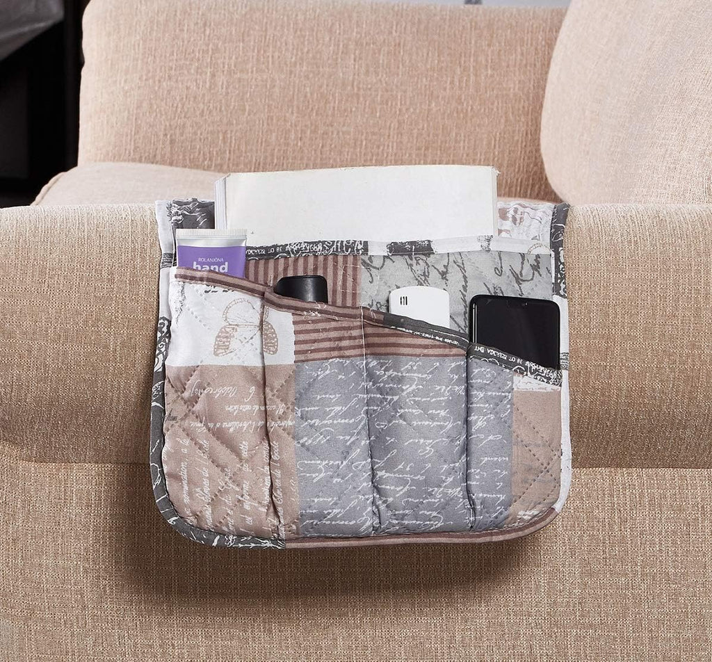 Brilliant Sunshine Paris and Toile Floral Patchwork Couch Armrest 5 Pockets Organizer, Slip Resistant Armchair Caddy, Washable Remote Controls Holder, Storage for Magazine, Tablet, 35×13", Latte Grey