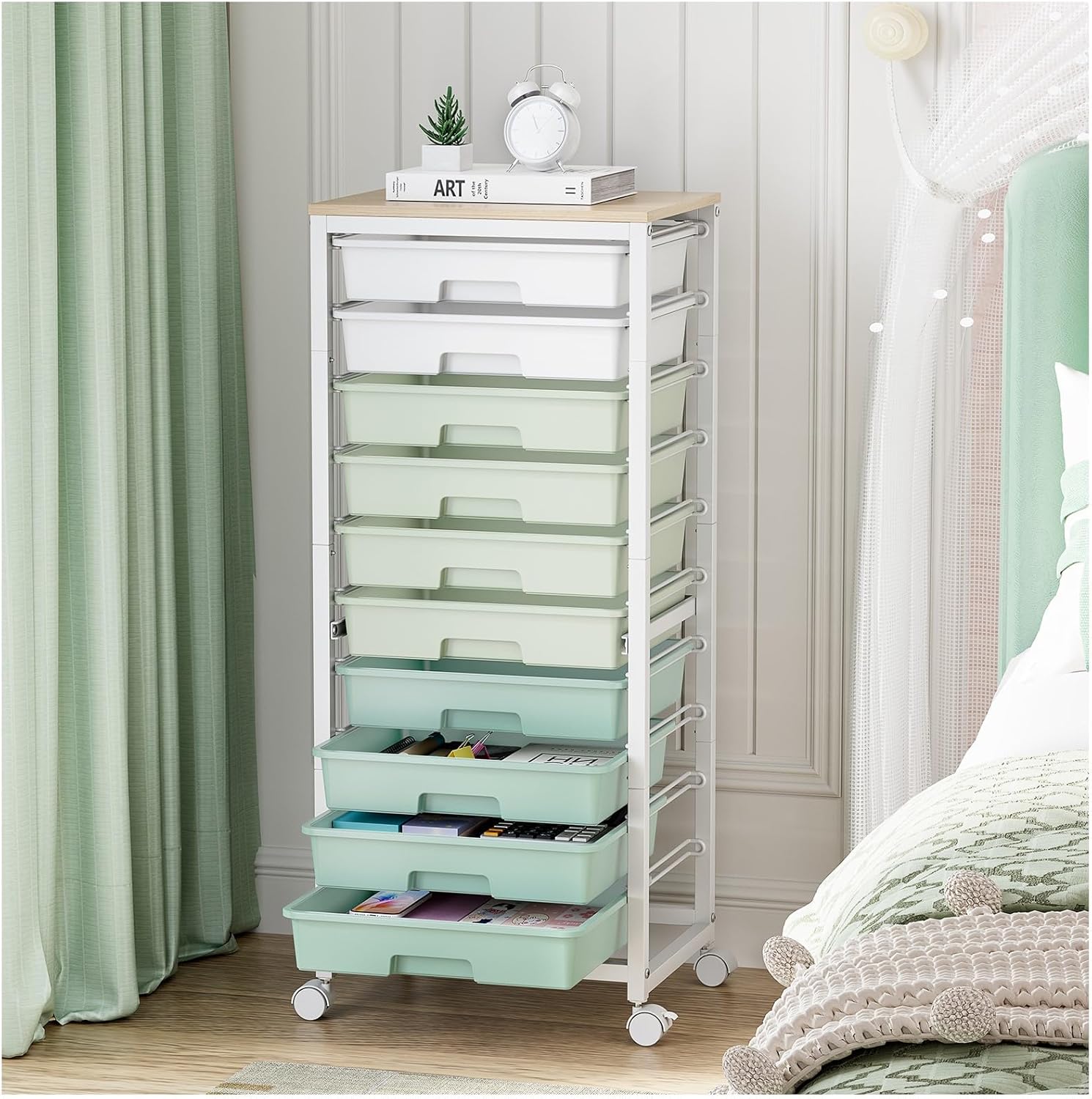 Rolling Cart with Drawers,10 Drawer Rolling Cart,Storage Cart,Utility Cart,Teacher Cart for Classroom Storage,Craft Cart with Wheels and Wooden Tabletop,Green