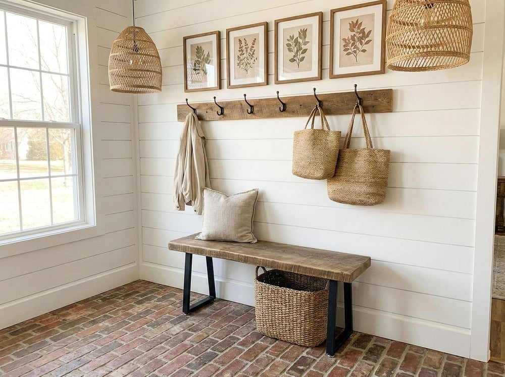 Rustic Revival Reclaimed Barnwood Bench, Solid Wood with Metal Base, Modern F...