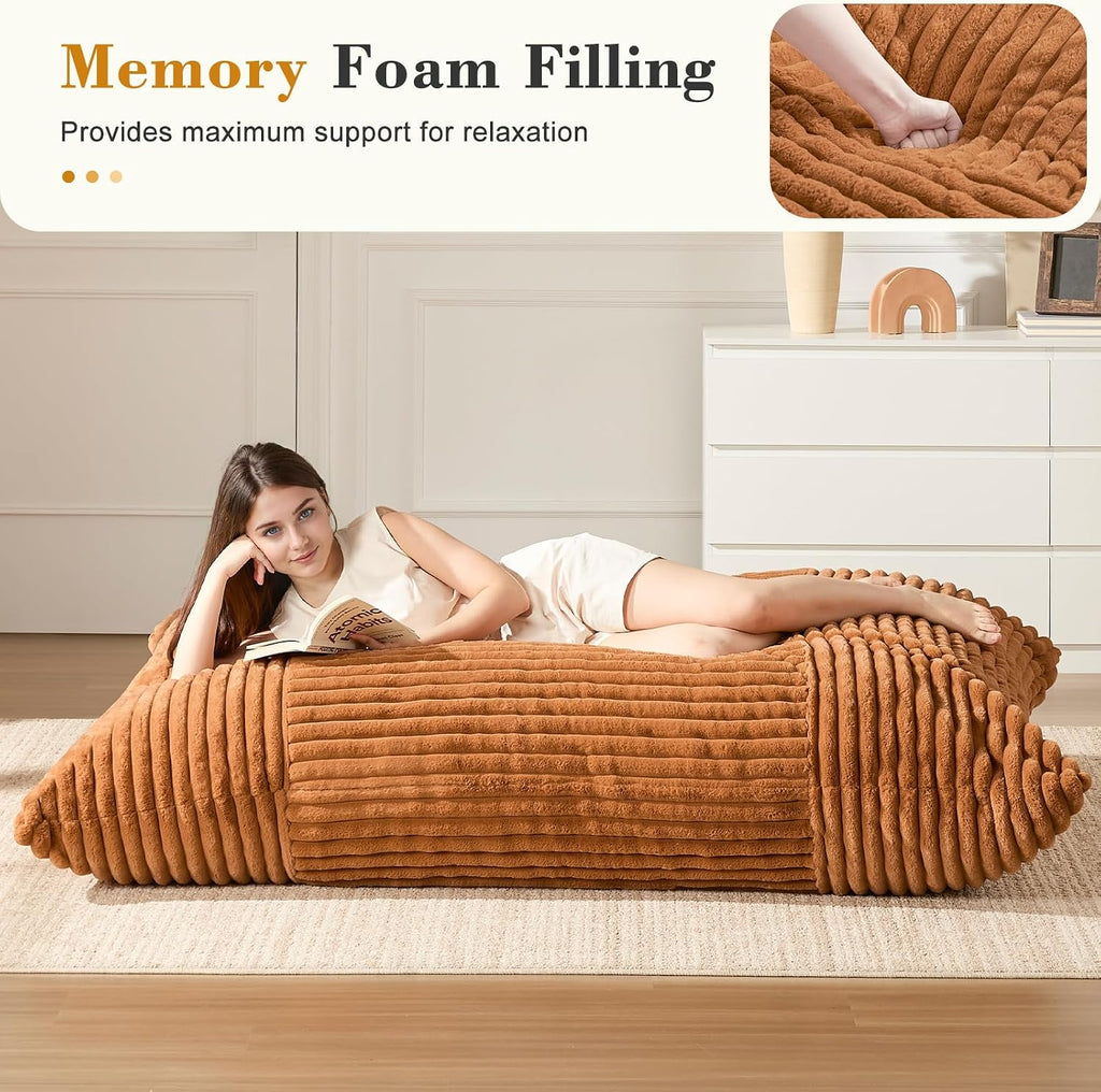 3-in-1 Giant Bean Bag Chair for Adults & Kid, Convertible Floor Sofa to Mattress, High-Density Foam Chair Bed with Washable Cover, Multi Functional Lounge Couch for Bedroom, Living Room (Orange)