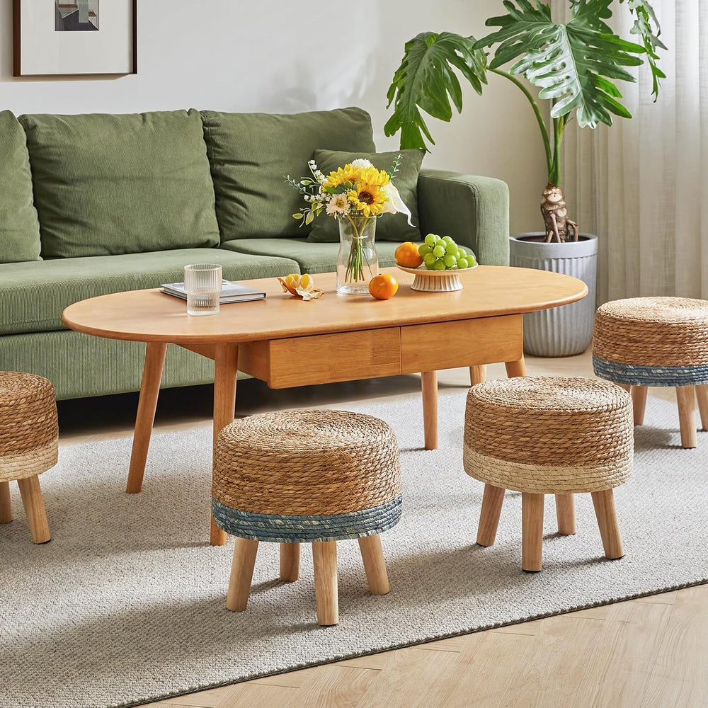 YMYNY Foot Stool,12.6"Round Small Ottoman, Natural Seagrass Hand Weave