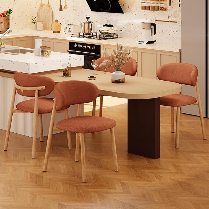 Kitchen Dining Chairs Set of 4 Modern Soft Linen Farmhouse Dining Room Chair with Metal Legs, Orange/Original